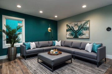 Modern Lounge Decor Featuring Grey Sectional and Teal Accent Wall