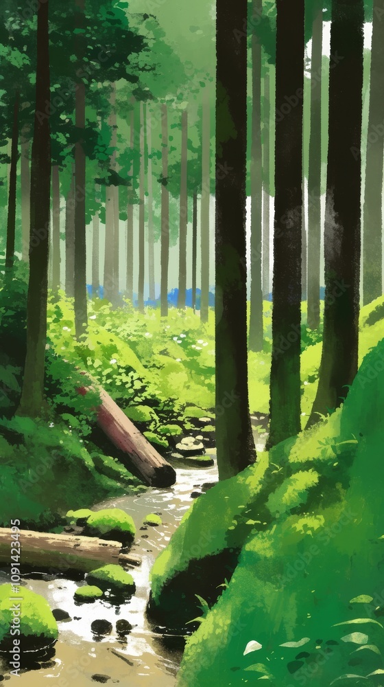 Poster painting of a forest with a stream running through it