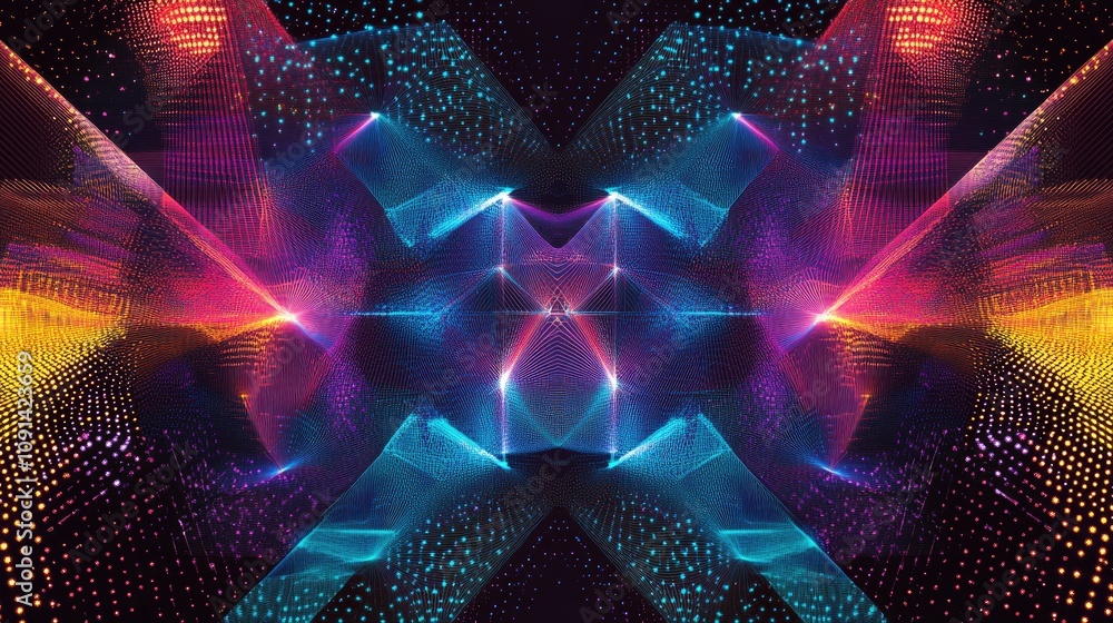 Poster futuristic abstract background showcasing vibrant neon colors with polygonal shapes, 3d cybernetic l