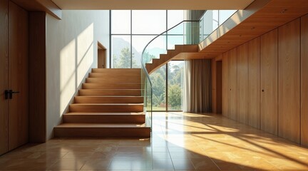 Elegant interior showcasing a wooden staircase and abundant natural light creating a harmonious ambiance