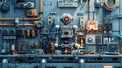 Fototapeta premium Futuristic robot embedded in a complex system of interconnected, vintage electronic components. Detailed mechanical design, glowing lights, intricate wiring, and pipes. High-tech, steampunk style.