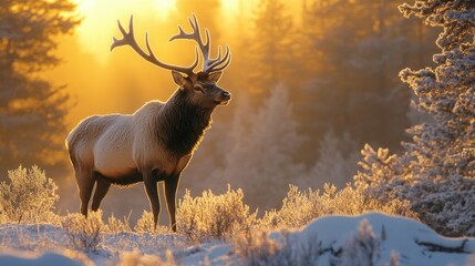 Majestic Elk in a Winter Landscape at Sunrise with Soft Golden Light Illuminating the Frosty Forest and Snow-Covered Ground