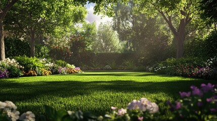 Obraz premium Lush green lawn surrounded by blooming flowers and fresh leaves in a vibrant summer garden, creating a serene and inviting outdoor relaxation space.