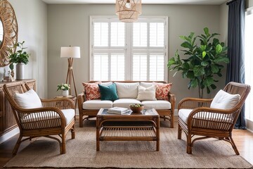 Fototapeta premium Stylish Living Room Design with Rattan Furniture and Elegant Floor Lamp