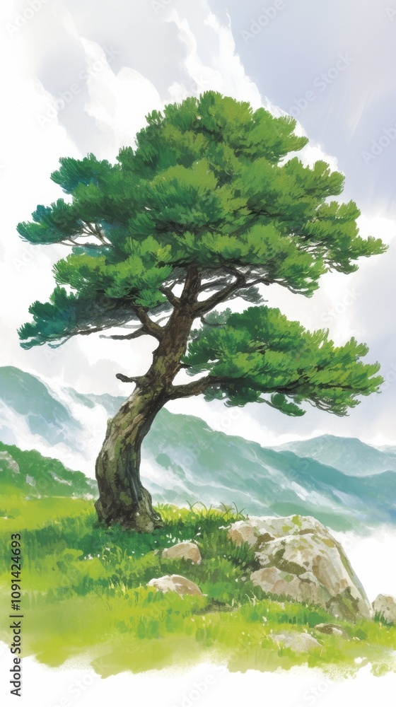 Poster tree is standing in a grassy field with a rocky hill in the background