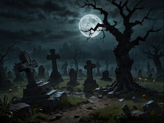 Haunted Cemetery Moonlight, An eerie, atmospheric image of a graveyard under a full moon, with ancient tombstones and gnarled trees casting long shadows, perfect for Halloween or gothic themes. 