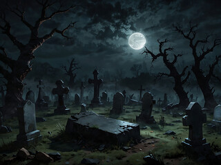Eerie Moonlight Cemetery, A chillingly beautiful scene of a graveyard under the silvery glow of the moon, with skeletal trees reaching towards the heavens and fog swirling through the headstones.