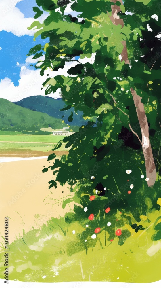Poster painting of a tree with a field in the background