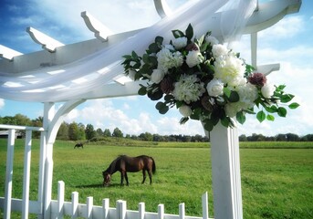 Rural scene with pergola and grazing horse