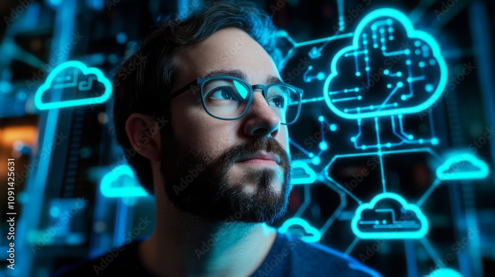 Aufkleber A person with glasses and a beard is deep in thought against a backdrop of glowing cloud graphics and circuit patterns, illustrating a moment of contemplation about technology and innovation.