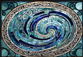 Obraz premium A stained glass mosaic featuring greek meander patterns in oceanic hues, Ai Generated