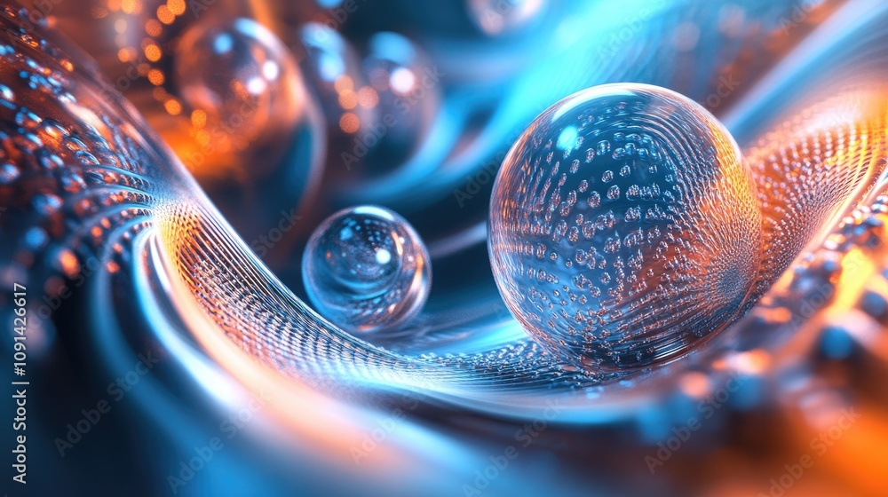 Poster dynamic abstract spheres swirling in vibrant blue and orange hues, creating a mesmerizing visual eff