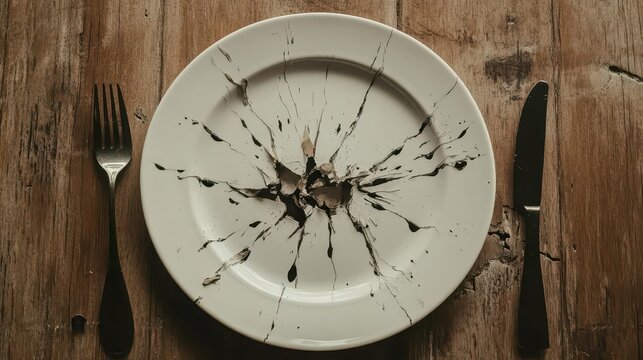 A plate with an imploded business logo, utensils placed on a cracked wooden table