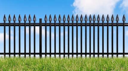 Industrial fence with glass panels under a clear blue sky providing security for buildings and offices