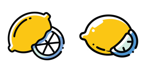 Bright vector illustration of yellow silhouette lemons with slices, featuring bold black outlines and a clean, minimalistic cartoon style.