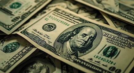 Close-up of dollar bills, dollar notes spread out on the table. 
