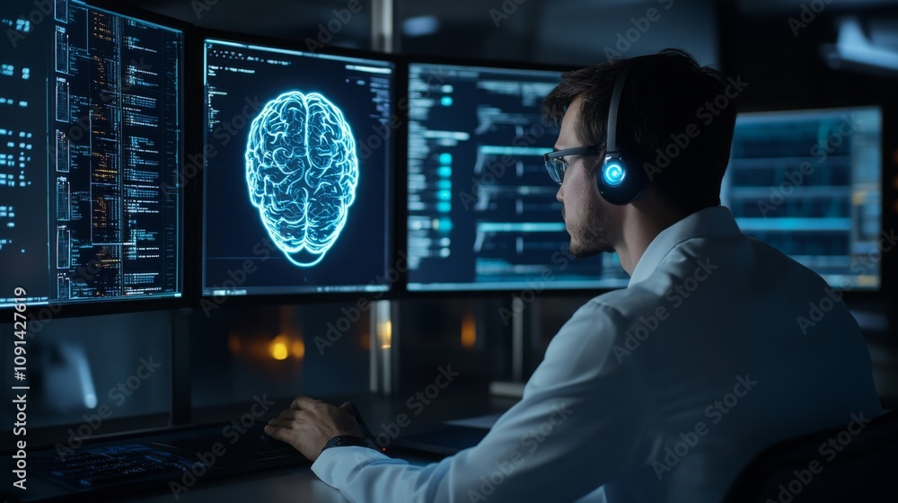 Aufkleber A young software engineer wearing a headset works intently at multiple computer monitors displaying brain data visualizations.