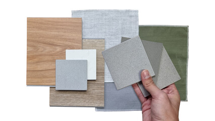 interior architect compare quartz stone with other material samples including curtain fabric,...