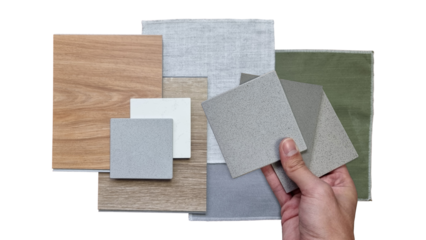 interior architect compare quartz stone with other material samples including curtain fabric, wooden vinyl flooring tiles, grainy artificial stone tiles isolated on background with clipping path.
