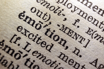 Word emotion on dictionary page, macro, close-up