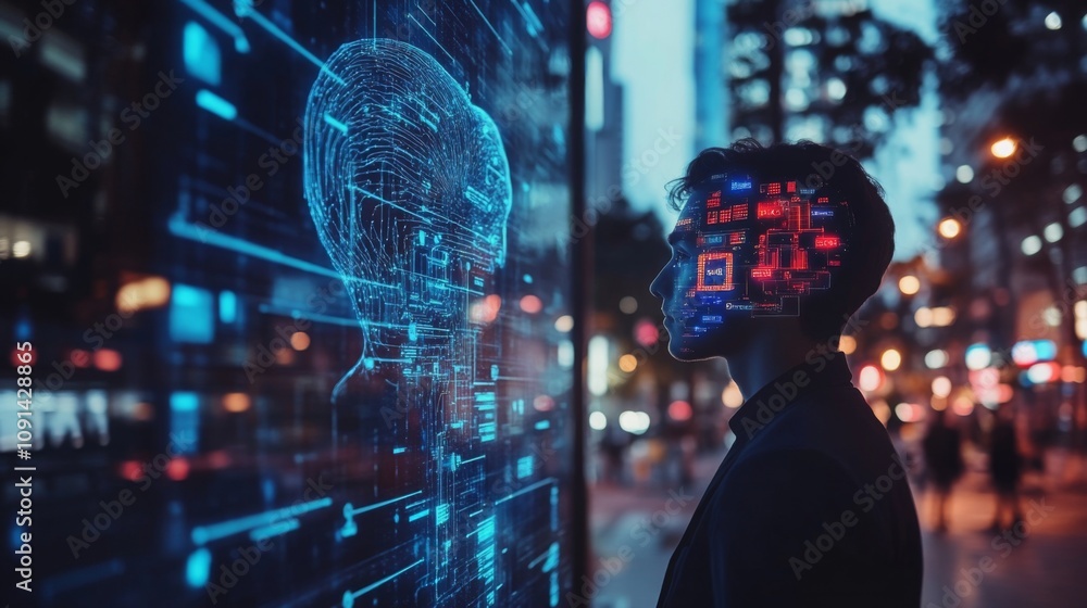 Poster a figure stands illuminated by colorful digital projections on city streets at dusk. the display sho