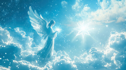 An angel gracefully floats in a bright sky, holding a large Bethlehem star, surrounded by snowy clouds and a gentle glow, creating a serene and heavenly atmosphere.

