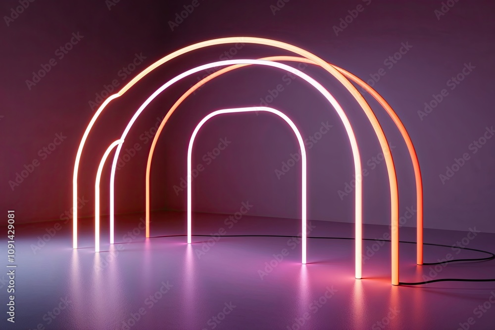 Poster minimalist 3d visualization of neon arcs in mauve and orange spectrum