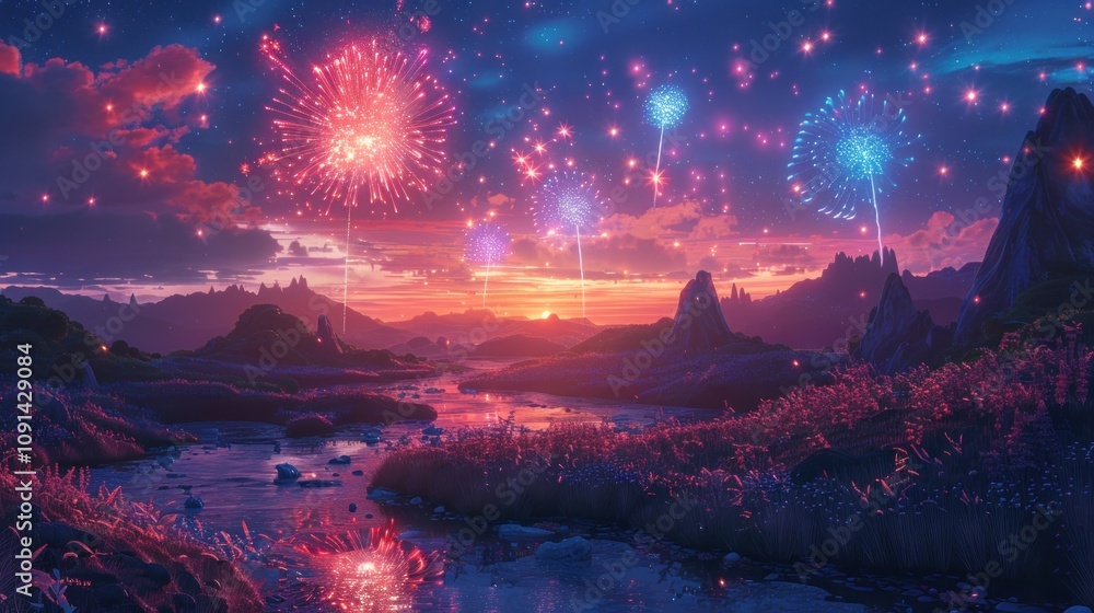 Poster a surreal landscape with a river flowing through a field of grass, with fireworks exploding in the n