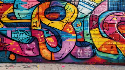 A vibrant street wall covered in colorful graffiti featuring abstract shapes and bold lines