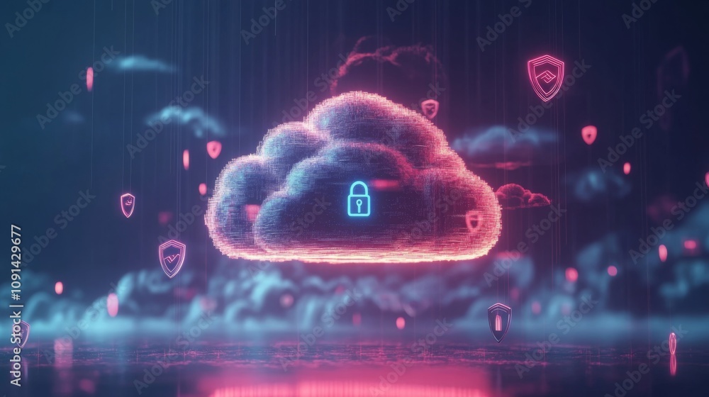 Poster a digital representation of a cloud surrounded by various security icons, illustrating the concept o