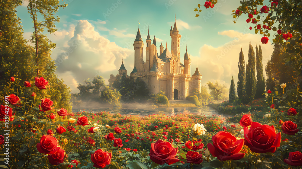 Wall mural Wonderland with roses and an old castle. Fairy Tale Castle. Illustration