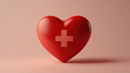 Obraz premium Matte red heart symbol with a white plus sign, representing healthcare, set against a soft pink background for a modern and clean aesthetic.