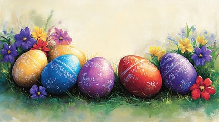Easter card design showcasing an array of vividly painted eggs nestled in lush green grass surrounded by vibrant flowers, offering plenty of space for personalized messages.