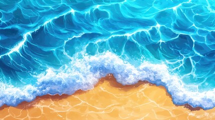 Fototapeta premium Aerial perspective capturing crystal-clear ocean waves rolling onto a sunlit sandy beach, highlighting the vibrant contrast of turquoise sea and golden shore under a bright sky.