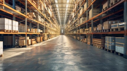 Fototapeta premium Large warehouse aisle with high shelves and boxes