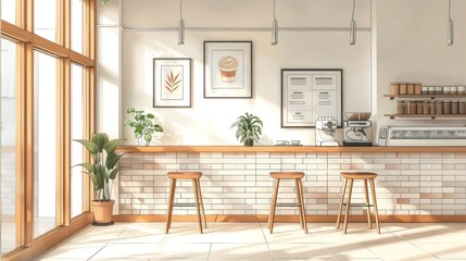 Fototapeta premium Bright, modern coffee shop interior with large windows, bar counter, stools, and plants.