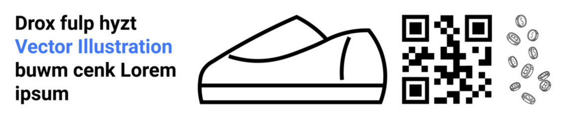 Minimalist shoe outline, QR code, random text, and scattered small circular objects. Ideal for ecommerce, fashion, simplicity, technology integration, modern design, online shopping, and branding