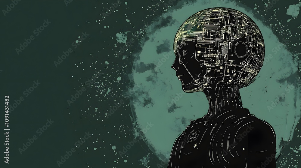 Poster futuristic humanoid silhouette with digital circuitry and glowing elements against a cosmic backgrou