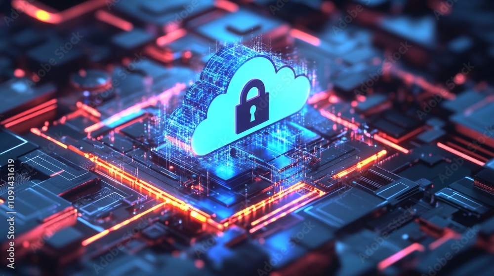 Poster A prominent cloud symbol with a lock is centered within intricate digital circuits, showcasing the importance of cybersecurity.