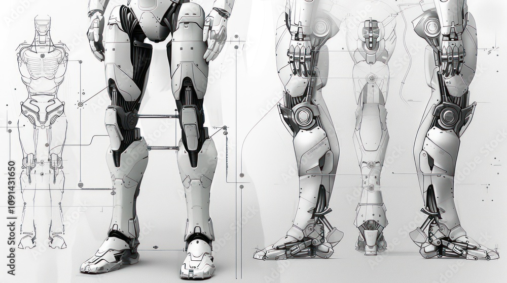 Poster detailed anatomical sketches of a futuristic robot leg design, showing multiple views and engineerin