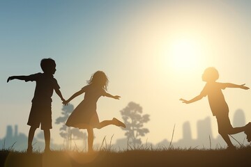 Fototapeta premium Silhouette of children playing in a park with white light from the sun