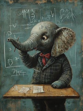 A whimsical illustration of an elephant teaching math at a chalkboard, showcasing creativity and playful learning.