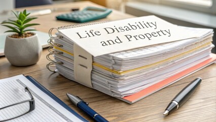 A stack of insurance documents labeled Life Disability and Property neatly organized on an office desk.
