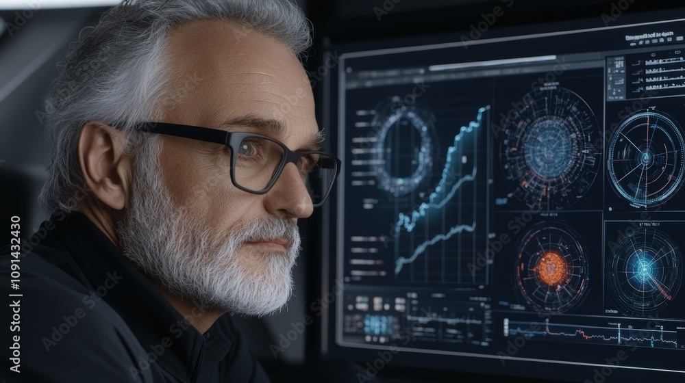 Poster man with glasses engrossed in computer screen, a portrait of focus and productivity in the digital a