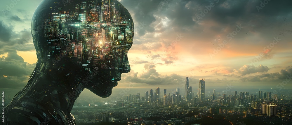 Poster abstract representation of a futuristic city skyline merging with a human silhouette, illustrating t