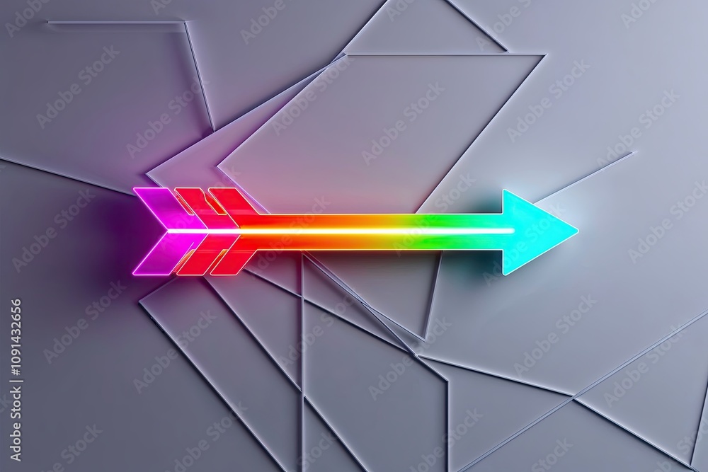Poster 3d render of colorful neon arrow in abstract minimalist geometric background