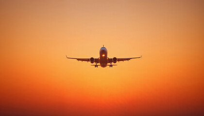 Obraz premium Silhouette of an airplane flying against an orange sunset sky.