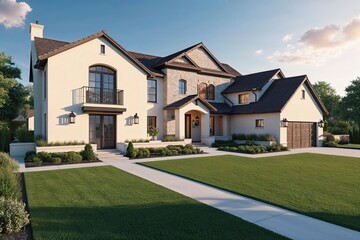 Chic Sunlit Residential Architecture with Manicured Lawns in a 3D Model