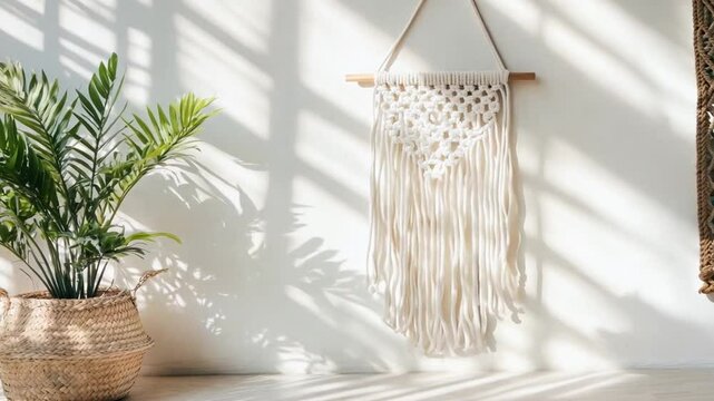 Sunlit room featuring a macrame wall hanging and a potted plant by a window on a bright afternoon