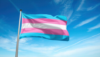 Transgender pride flag waving on flagpole against blue sky as symbol for International Trans Day of Visibility